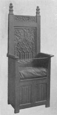 By courtesy of the Metropolitan Museum of Art

This Gothic chair of the 16th century shows the beautiful linen-fold
design in the carving on the lower panels, and also the keyhole which
made the chest safe when traveling