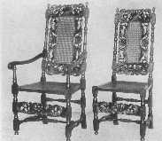 Fine reproductions of Jacobean chairs of the time of
 Charles II. The carved front rail balances the carving on the back
perfectly.